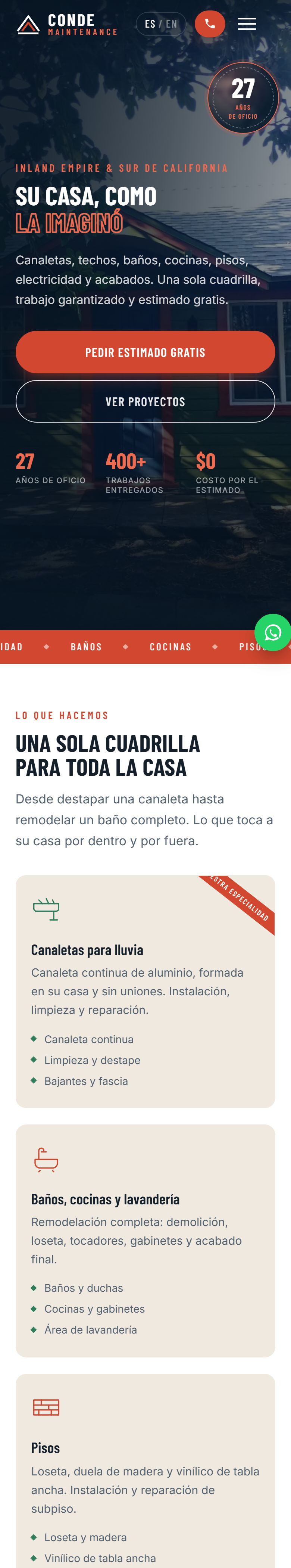 Página de Conde Maintenance vista en un celular: portada, botón de estimado gratis y servicios
