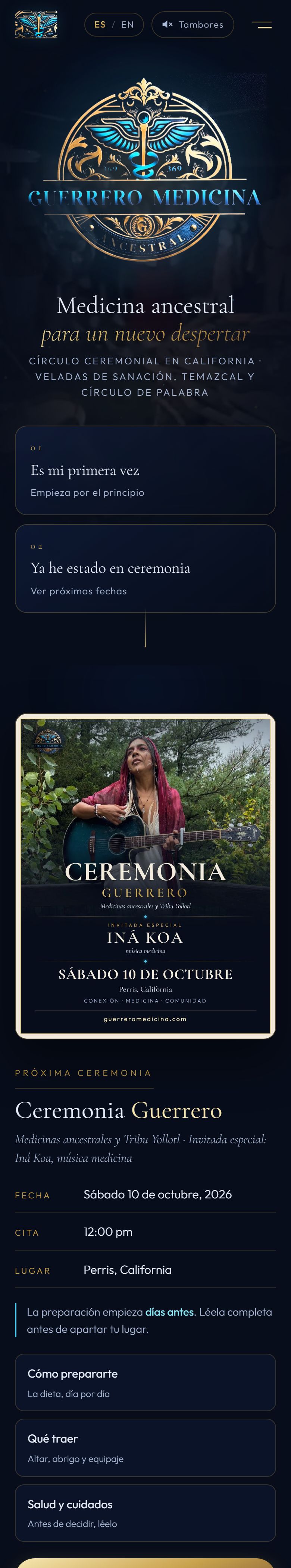 Página de Guerrero Medicina Ancestral vista en un celular: logotipo, portada y próxima ceremonia