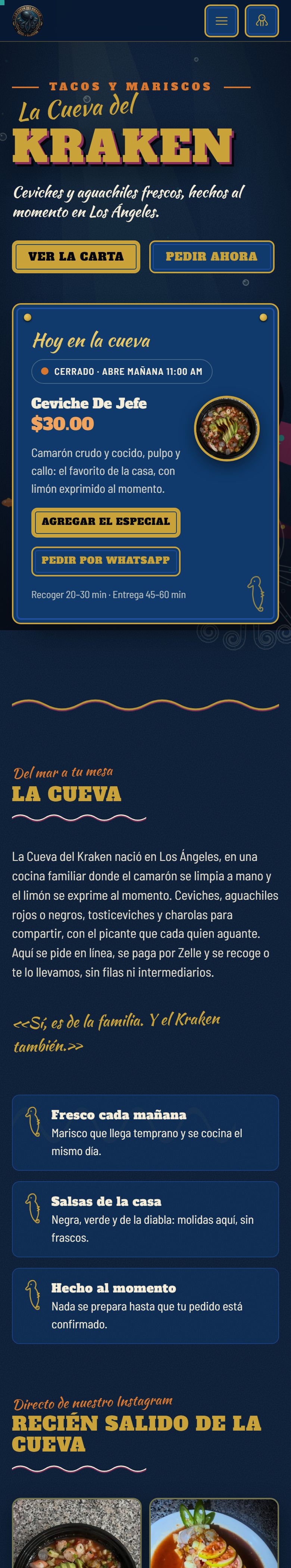 Página de La Cueva del Kraken vista en un celular: portada, especial del día y pedido por WhatsApp