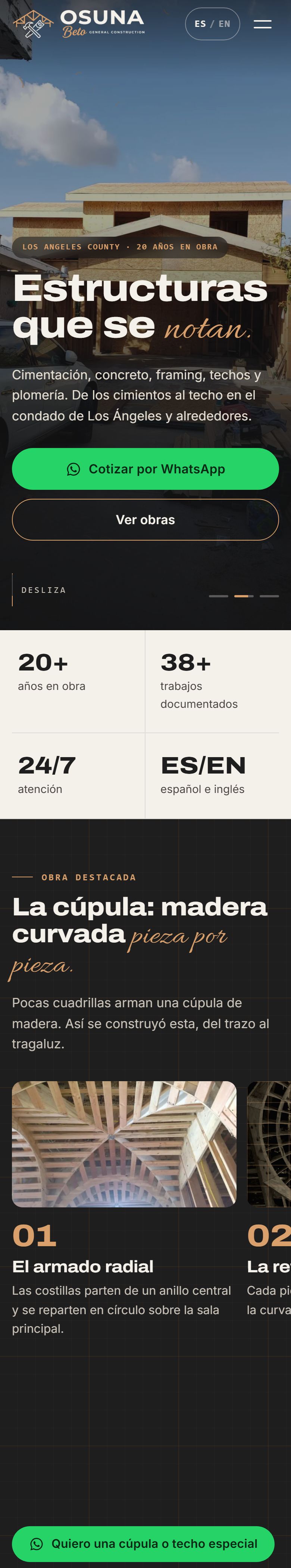 Página de Osuna General Construction vista en un celular: portada, cifras de la empresa y obra destacada